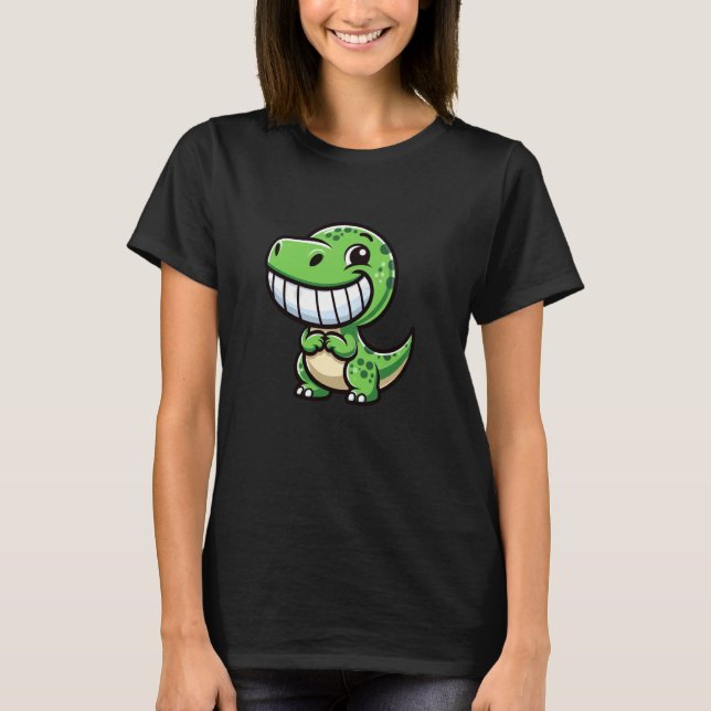 Shy Dino Cartoon Trex Showing Teeth Happy Friendly T-Shirt (Front)