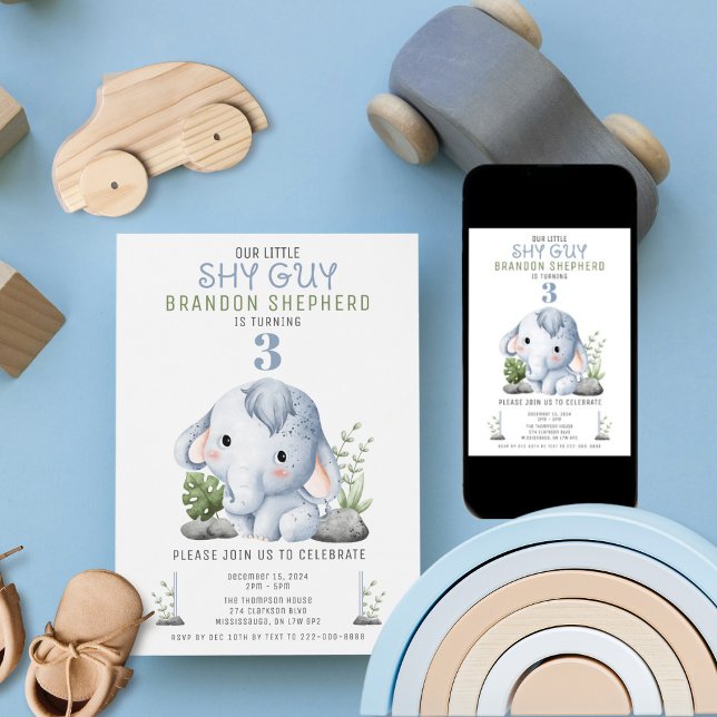 Shy Guy Elephant Birthday Invitation (An adorable birthday theme to celebrate the little shy guy in your family.)
