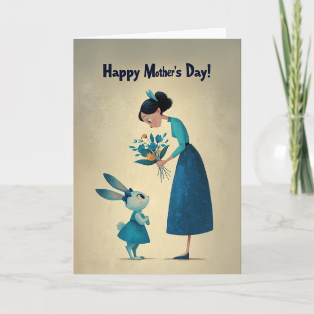 Shy Little Bunny Giving Mama Flowers Card (Front)