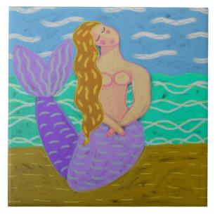 Shy Mermaid Abstract Digital Painting Ceramic Tile