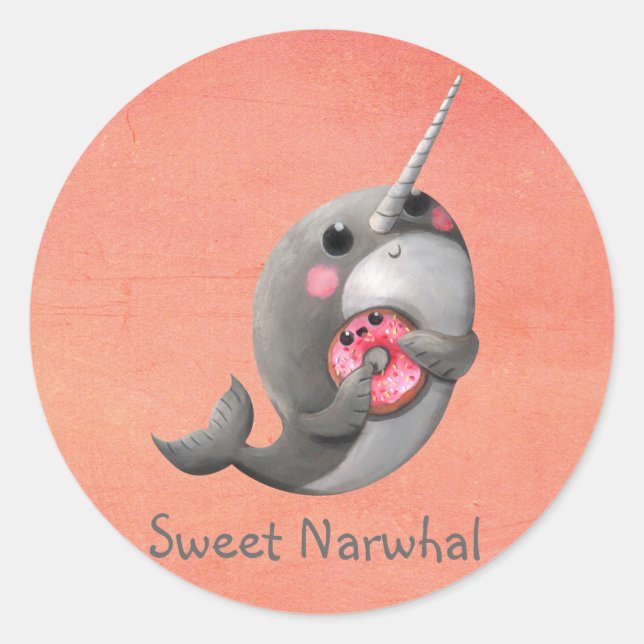Shy Narwhal with Doughnut Classic Round Sticker (Front)