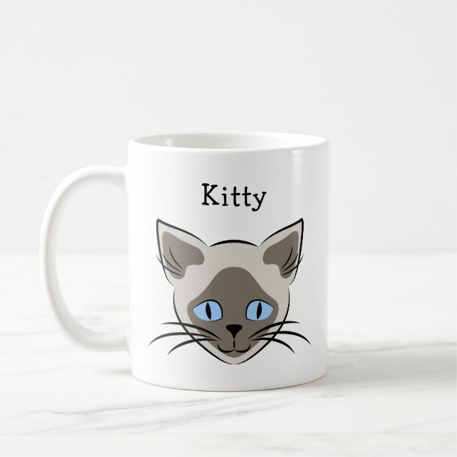 Siamese Blue Eyed Cat Face Graphic Custom Name Coffee Mug (Left)