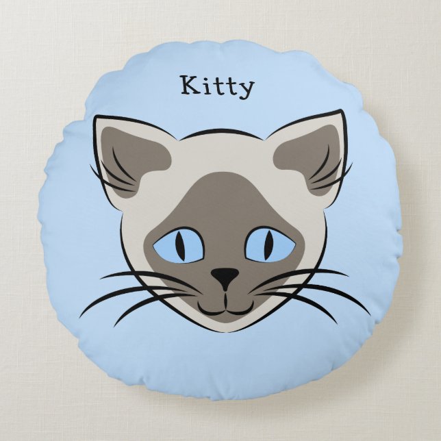 Siamese Blue Eyed Cat Face Graphic Custom Name Round Cushion (Front)