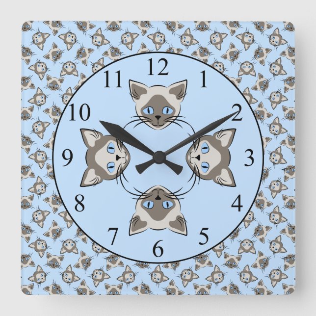 Siamese Blue Eyed Cat Faces Graphic Art Pattern Square Wall Clock (Front)