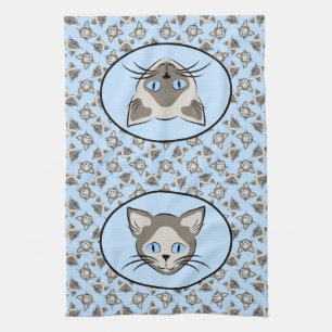 Siamese Blue Eyed Cat Faces Graphic Art Pattern Tea Towel