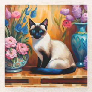 Siamese Cat And Bouquets in Vases watercolor Glass Coaster