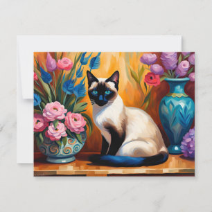 Siamese Cat And Bouquets in Vases watercolor Holiday Card