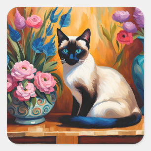 Siamese Cat And Bouquets in Vases watercolor Square Sticker