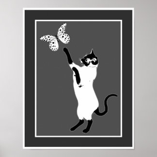 Siamese Cat And Butterfly Black And White Poster