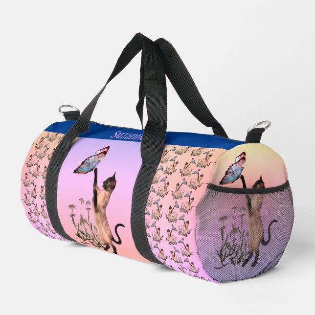 Siamese Cat And Butterfly Personalised Duffle Bag (Right Corner)