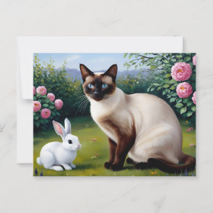 Siamese Cat and Cute Bunny in the Summer Garden  Postcard