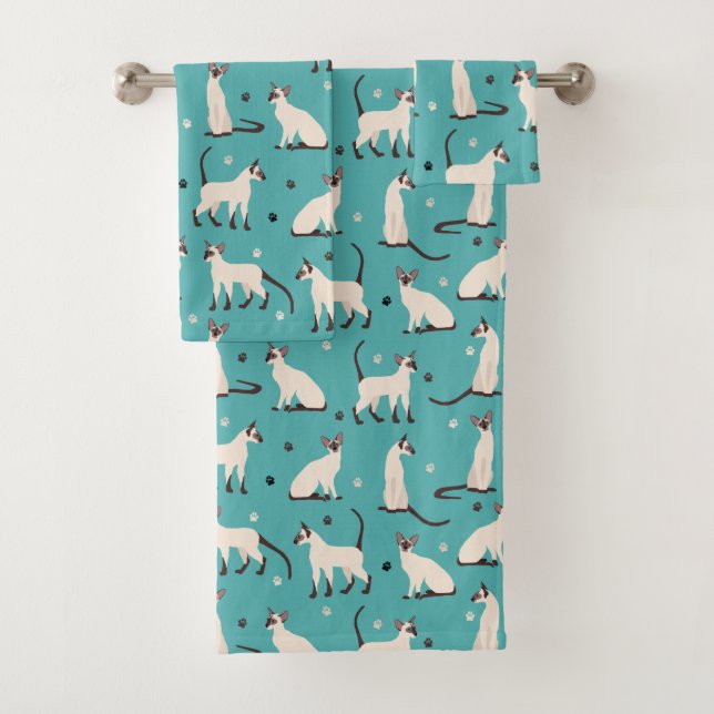 Siamese Cat and Paws Teal Blue Bath Towel Set (Insitu)