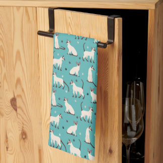 Siamese Cat and Paws Teal Blue Kitchen Towel