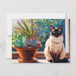 Siamese Cat and Succulent Plants  Postcard
