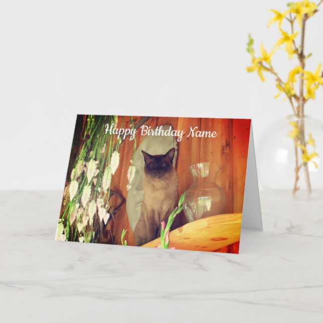 Siamese Cat Animal Personalised Birthday Card (Yellow Flower)