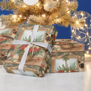 Siamese Cat arranging Flowers for Christmas Wrapping Paper