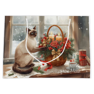 Siamese Cat arranging Flowers Winter Christmas Large Gift Bag