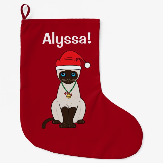 Siamese Cat at Christmas Name Customisable Large Christmas Stocking (Front)