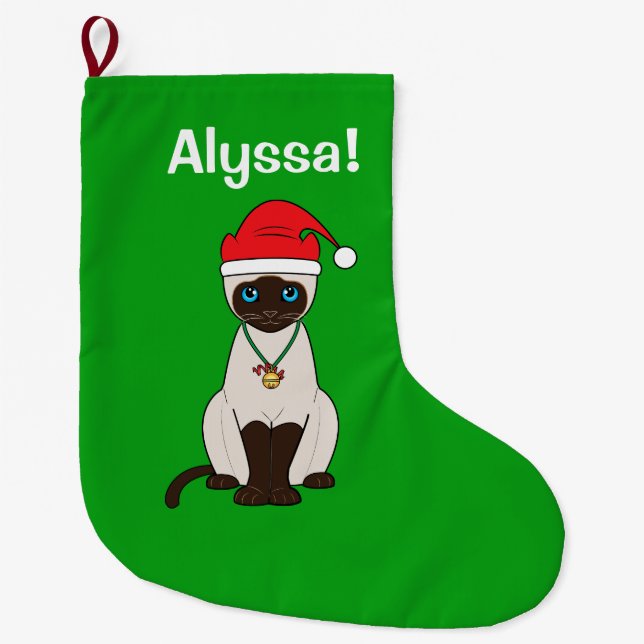 Siamese Cat at Christmas Name Customisable Large Christmas Stocking (Front)