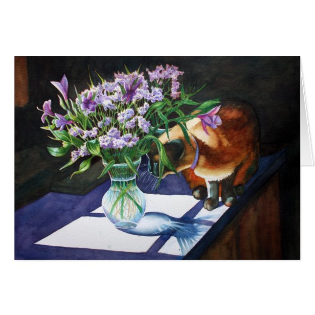 Siamese Cat Attacking Vase of Flowers (Front Horizontal)