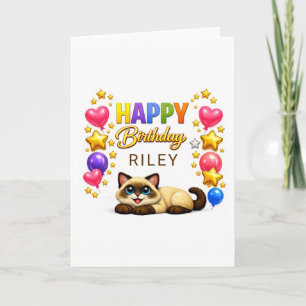 Siamese Cat Balloons and Stars Happy Birthday Card