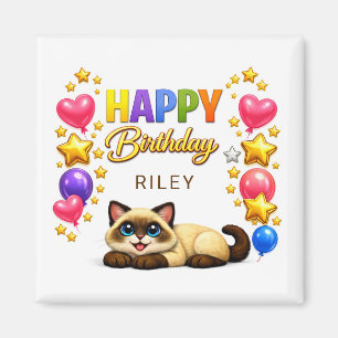 Siamese Cat Balloons and Stars Happy Birthday Magnet