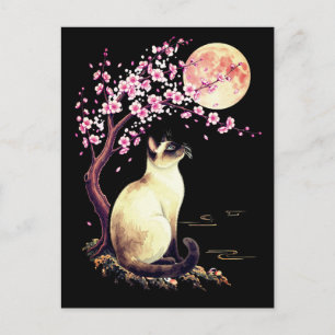 Siamese Cat Beneath a Pink Moon Holiday Postcard