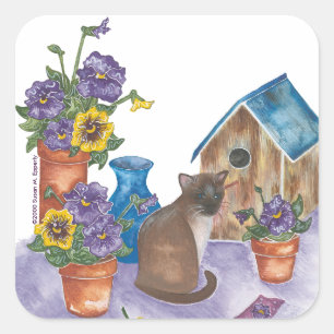 Siamese Cat Birdhouse Pansies Watercolor "Anthony" Square Sticker