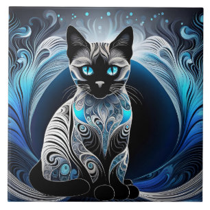 Siamese cat, black blue and white abstract ceramic tile