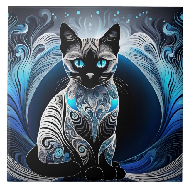 Siamese cat, black blue and white abstract ceramic tile (Front)