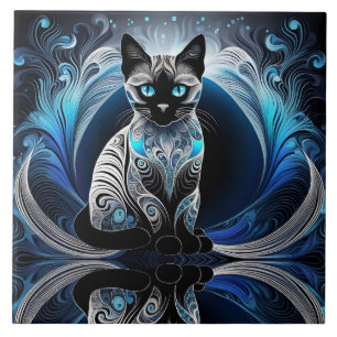 Siamese cat, black blue and white abstract ceramic tile