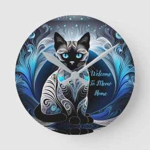 Siamese cat, black blue and white abstract round clock