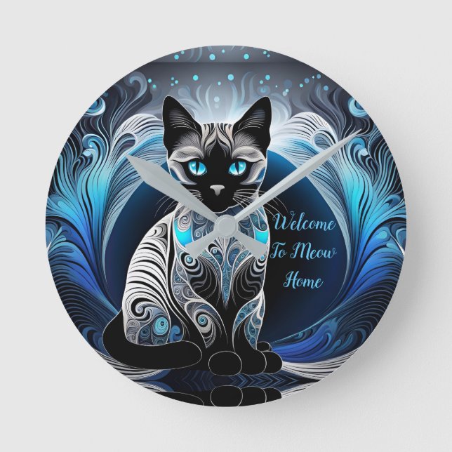 Siamese cat, black blue and white abstract round clock (Front)