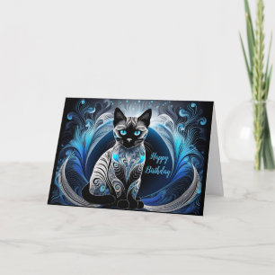 Siamese cat, Blue and white abstract Birthday Card