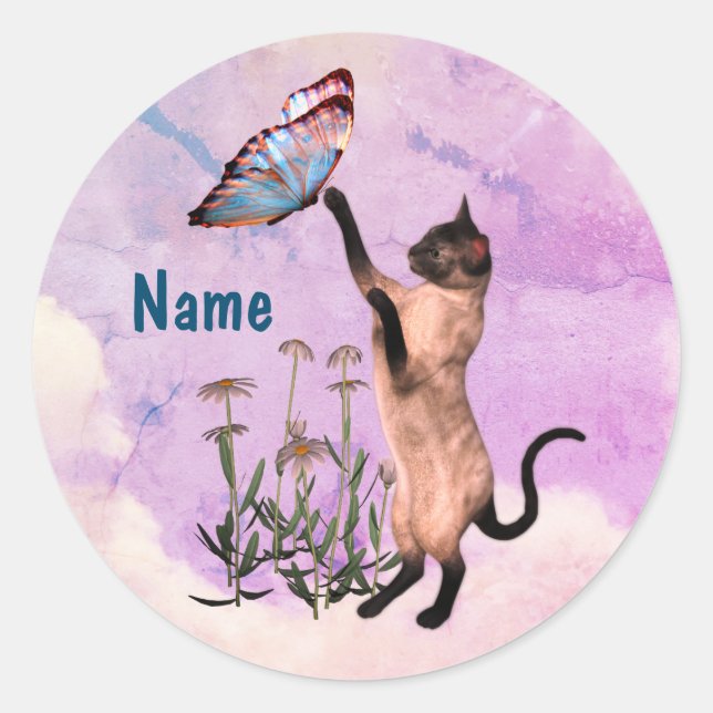 Siamese Cat Blue Butterfly Cute Personalised Classic Round Sticker (Front)