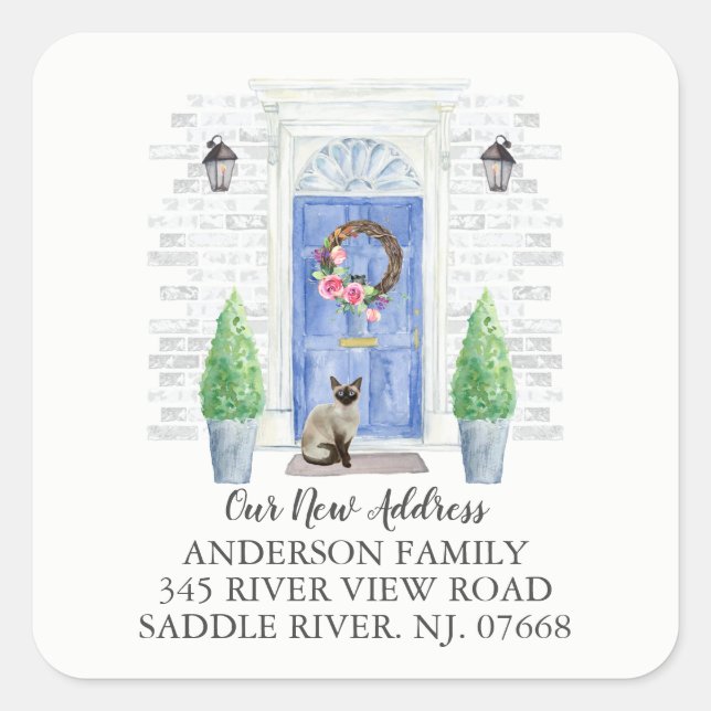 Siamese Cat Blue Door New Address Label Sticker (Front)