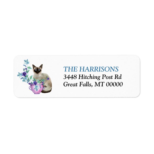 Siamese Cat Blue Flowers Return Address Label (Front)