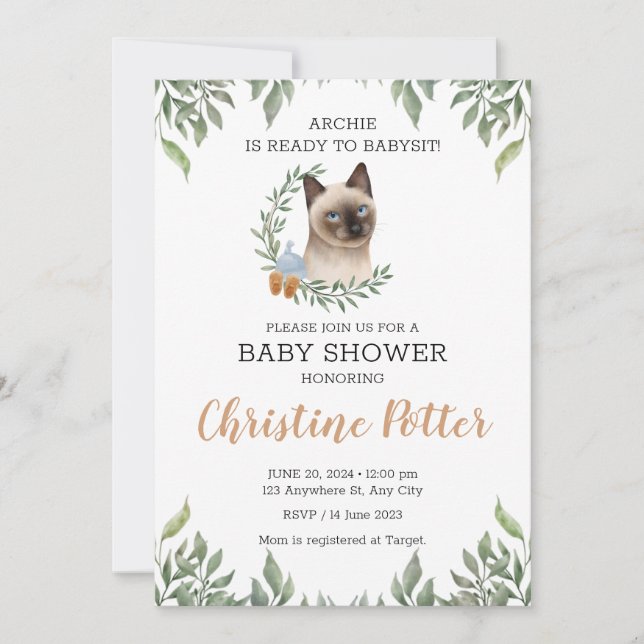 Siamese Cat Boy Boho Greenery Baby Shower Invitation (Front)