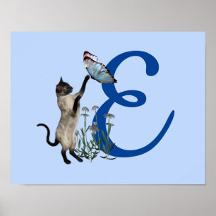 Siamese Cat Butterfly Cute Monogram Initial E Poster