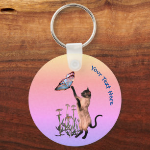 Siamese Cat Butterfly Daisies Personalized Key Ring