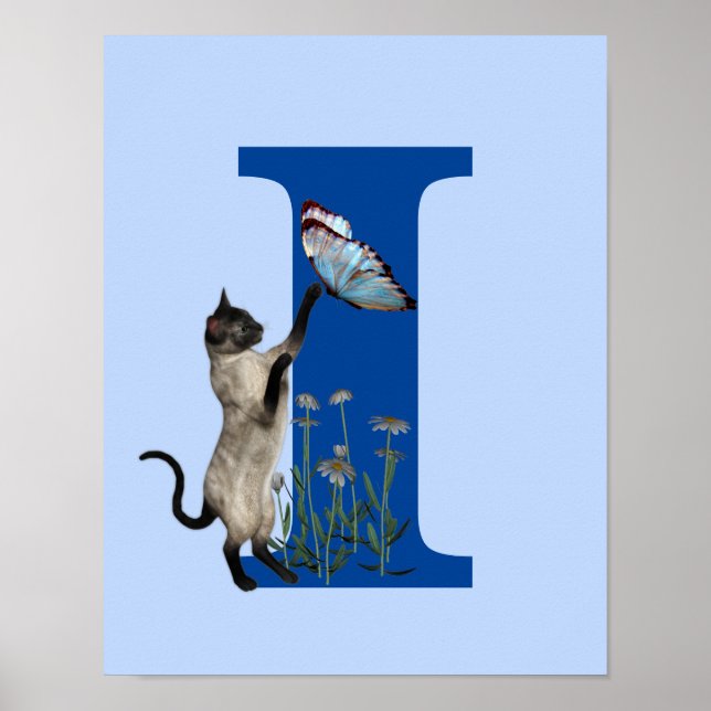 Siamese Cat Butterfly Flowers Monogram Initial I Poster (Front)