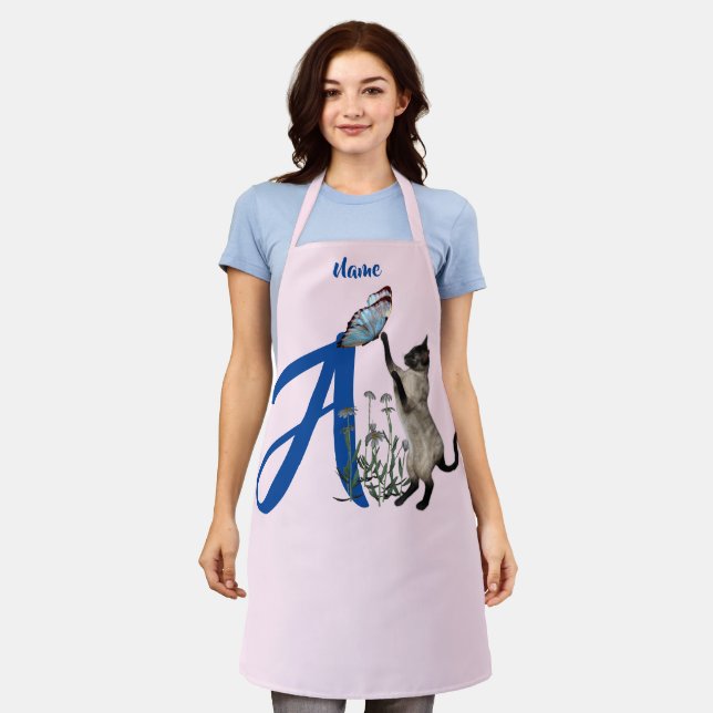 Siamese Cat Butterfly Monogram Initial A    Apron (Worn)