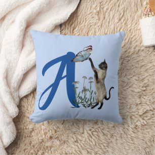Siamese Cat Butterfly Monogram Initial A Cushion