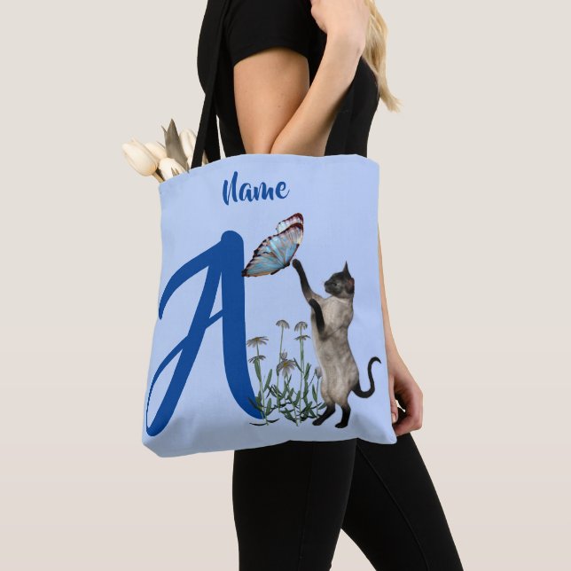 Siamese Cat Butterfly Monogram Initial A Your Name Tote Bag (Close Up)