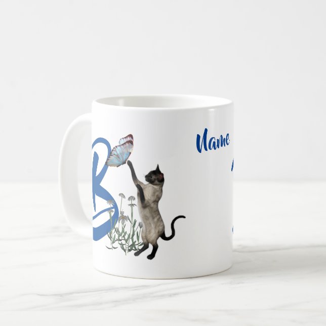 Siamese Cat Butterfly Monogram Initial B Name Coffee Mug (Front Left)