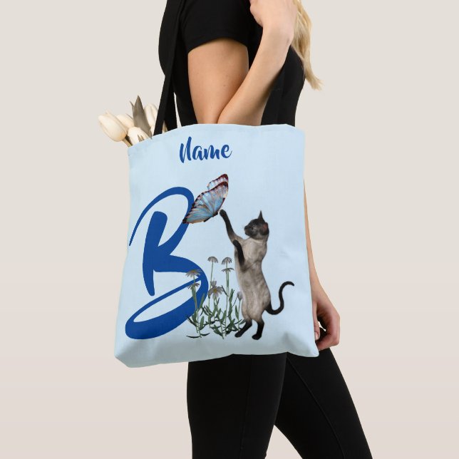 Siamese Cat Butterfly Monogram Initial B Name Tote Bag (Close Up)