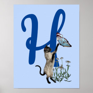 Siamese Cat Butterfly Monogram Initial H Poster