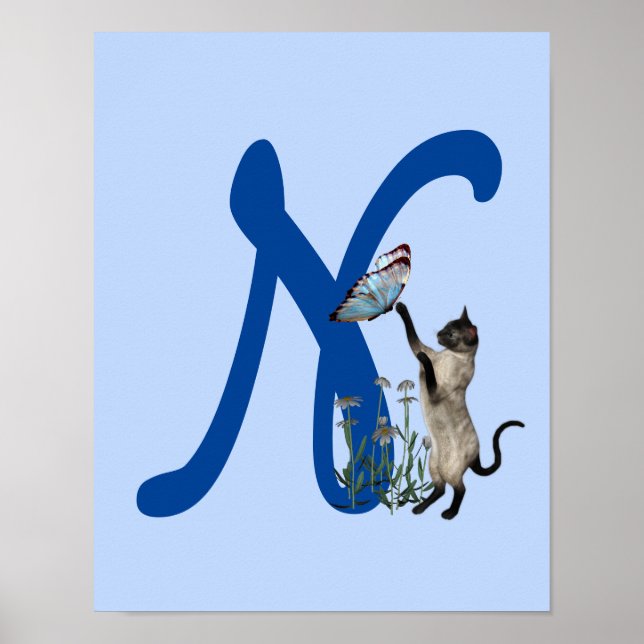 Siamese Cat Butterfly Monogram Initial N Poster (Front)