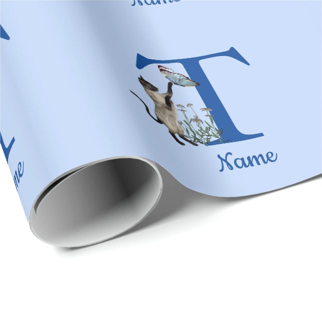 Siamese Cat Butterfly Monogram Initial T Your Name Wrapping Paper (Roll Corner)
