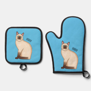 Siamese cat cartoon illustration oven mitt & pot holder set